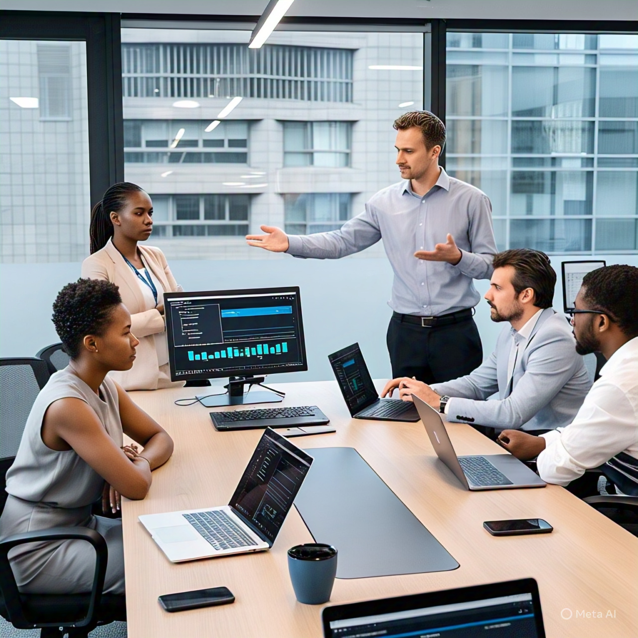 Business team analyzing data visualizations in a modern office setting